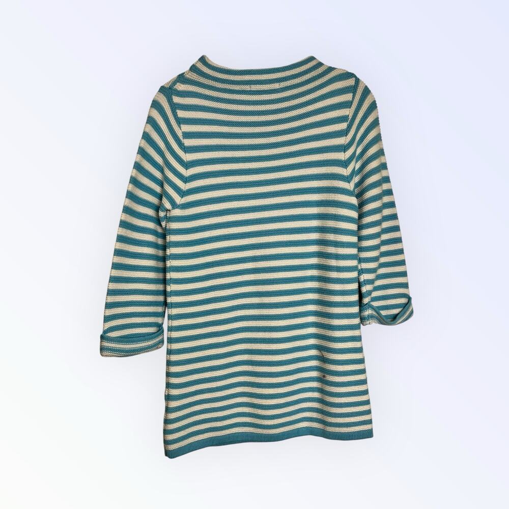 Boden Sz 8 Turquoise White Striped Cotton Wool Sweater 3/4 Sleeve Mock Neck 3002